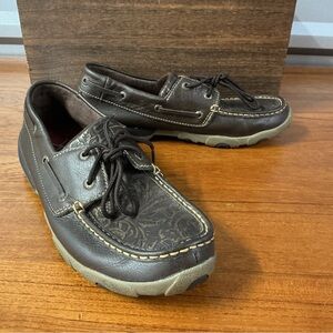 Twisted X Women Floral Embossed Brown Leather Driving Boat Shoe WDM0070 Size 9